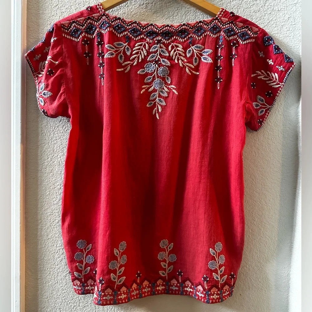 Johnny Was Workshop Red Embroidered Short Sleeve Top-Size XS - Picture 2 of 8